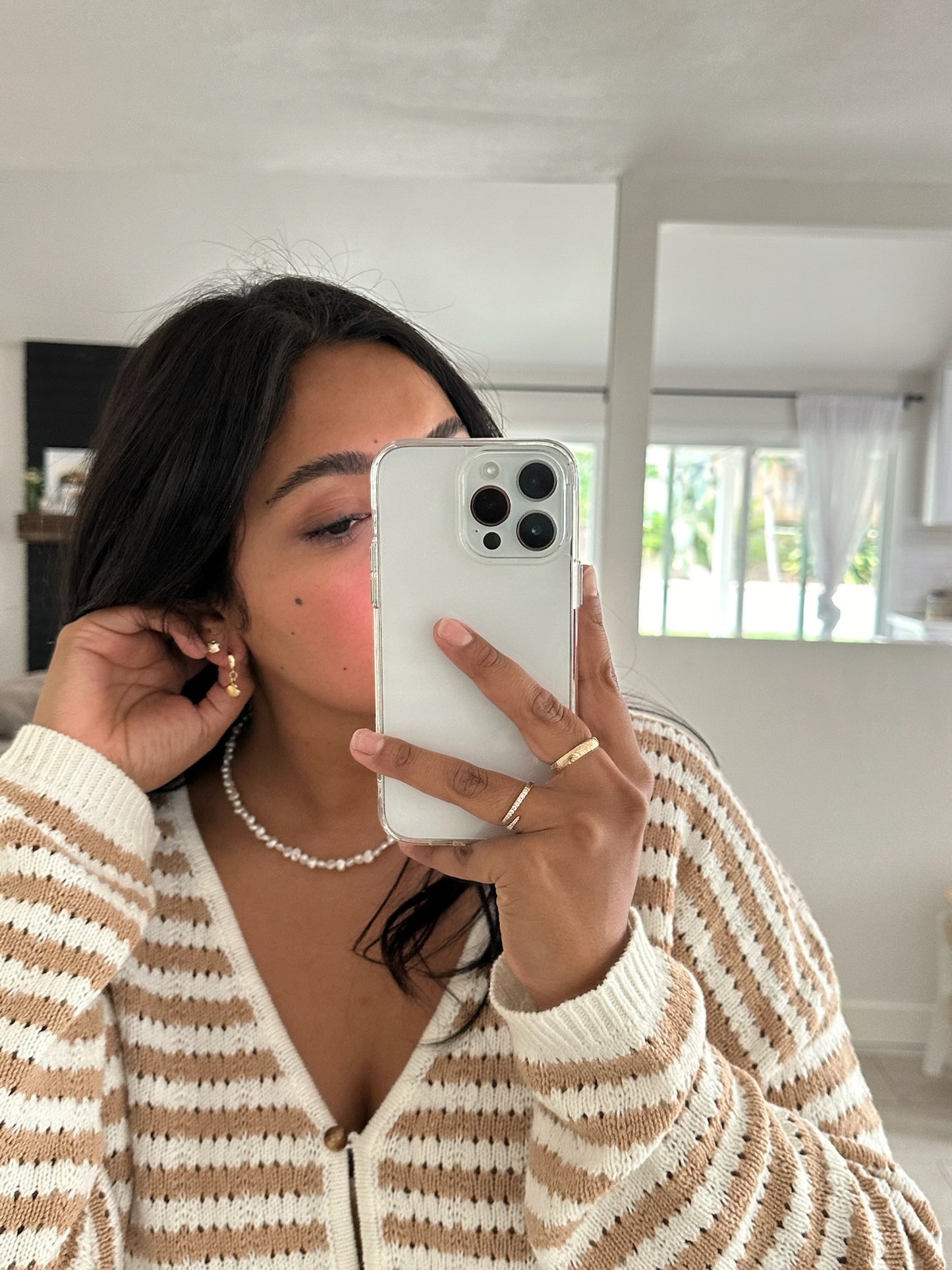 beaded fresh water pearl necklace on model