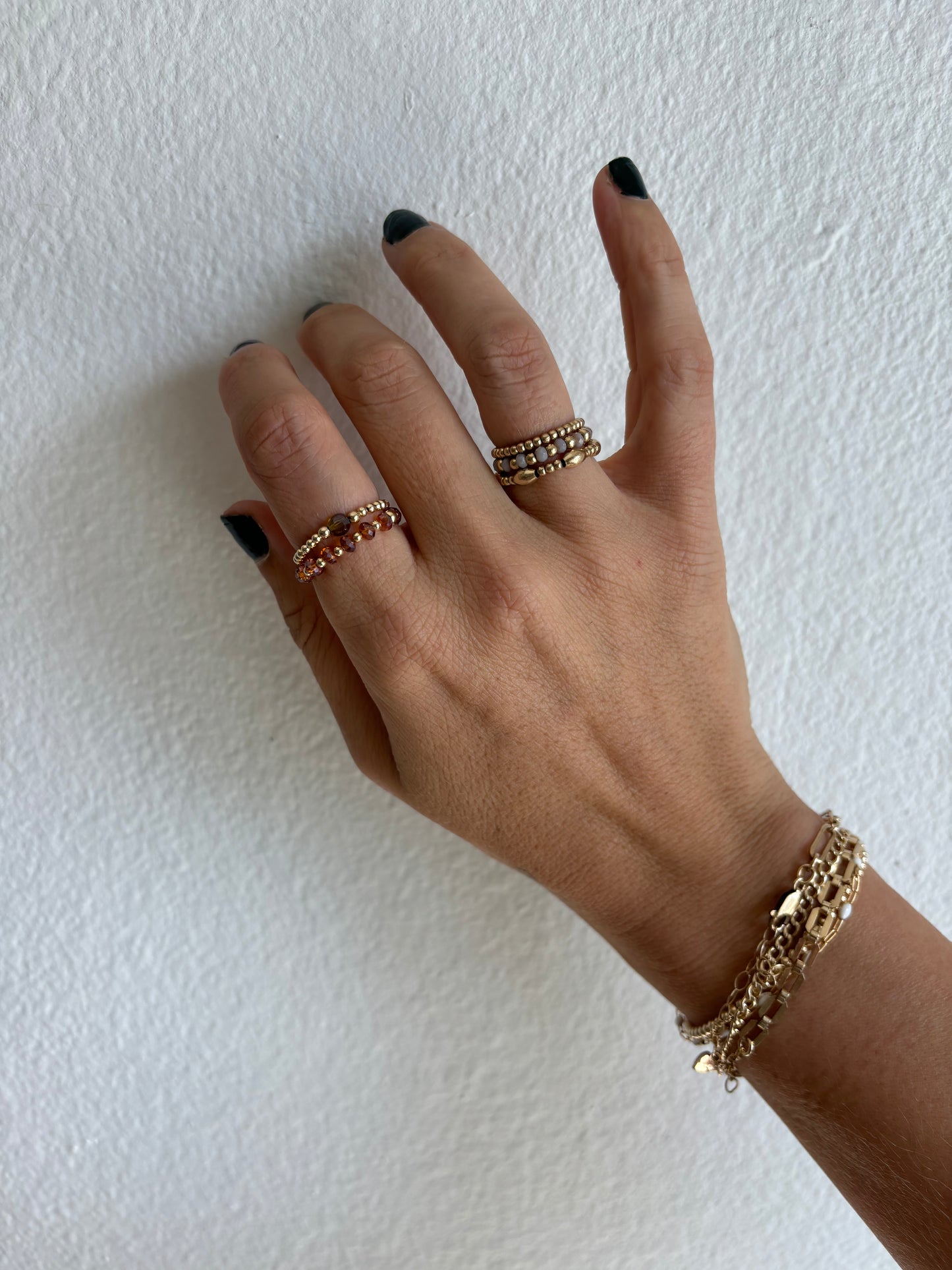 Gold Filled beaded Rings on model hand