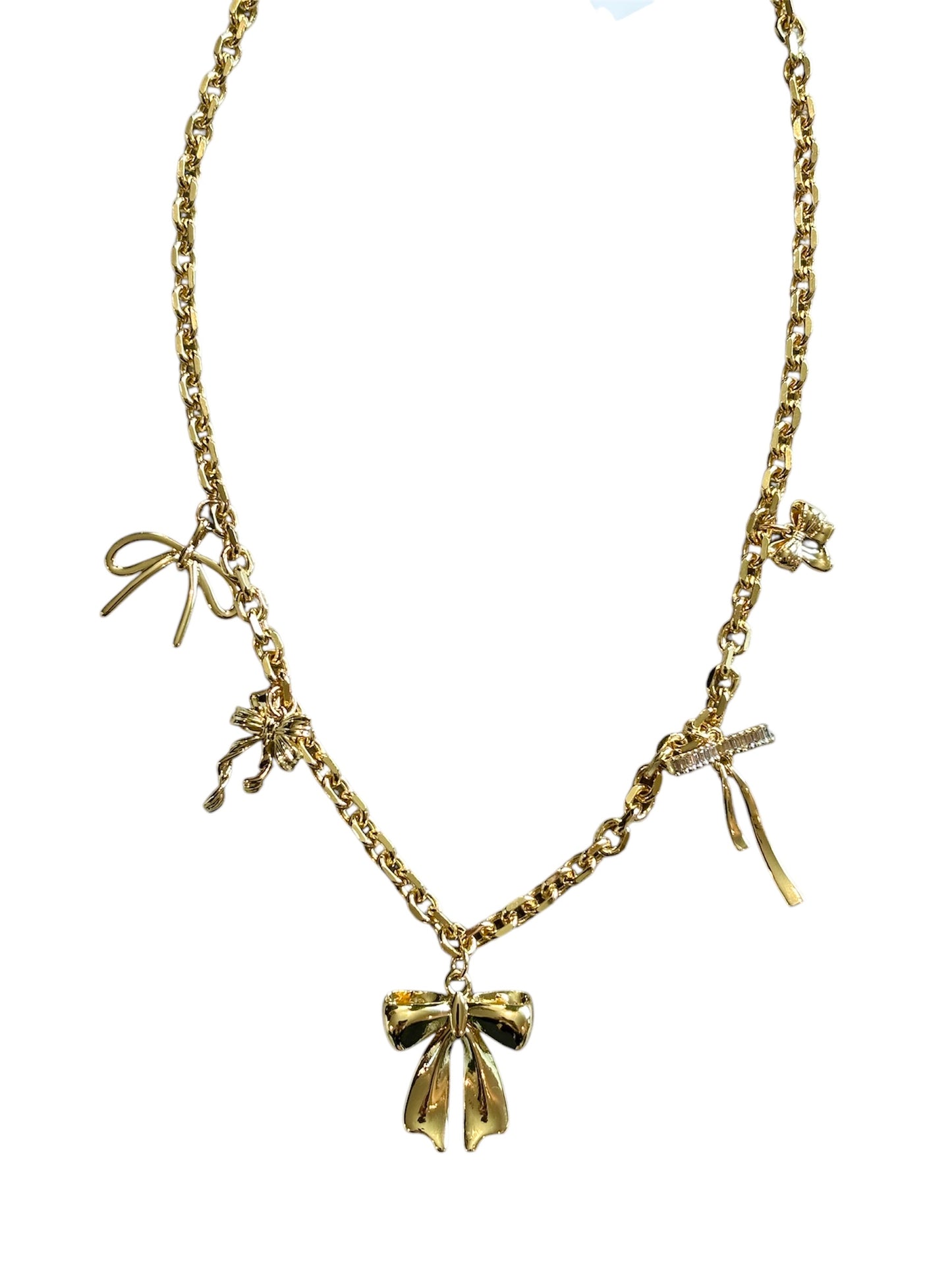 Gold Bow charm necklace with 5 different bow charms.