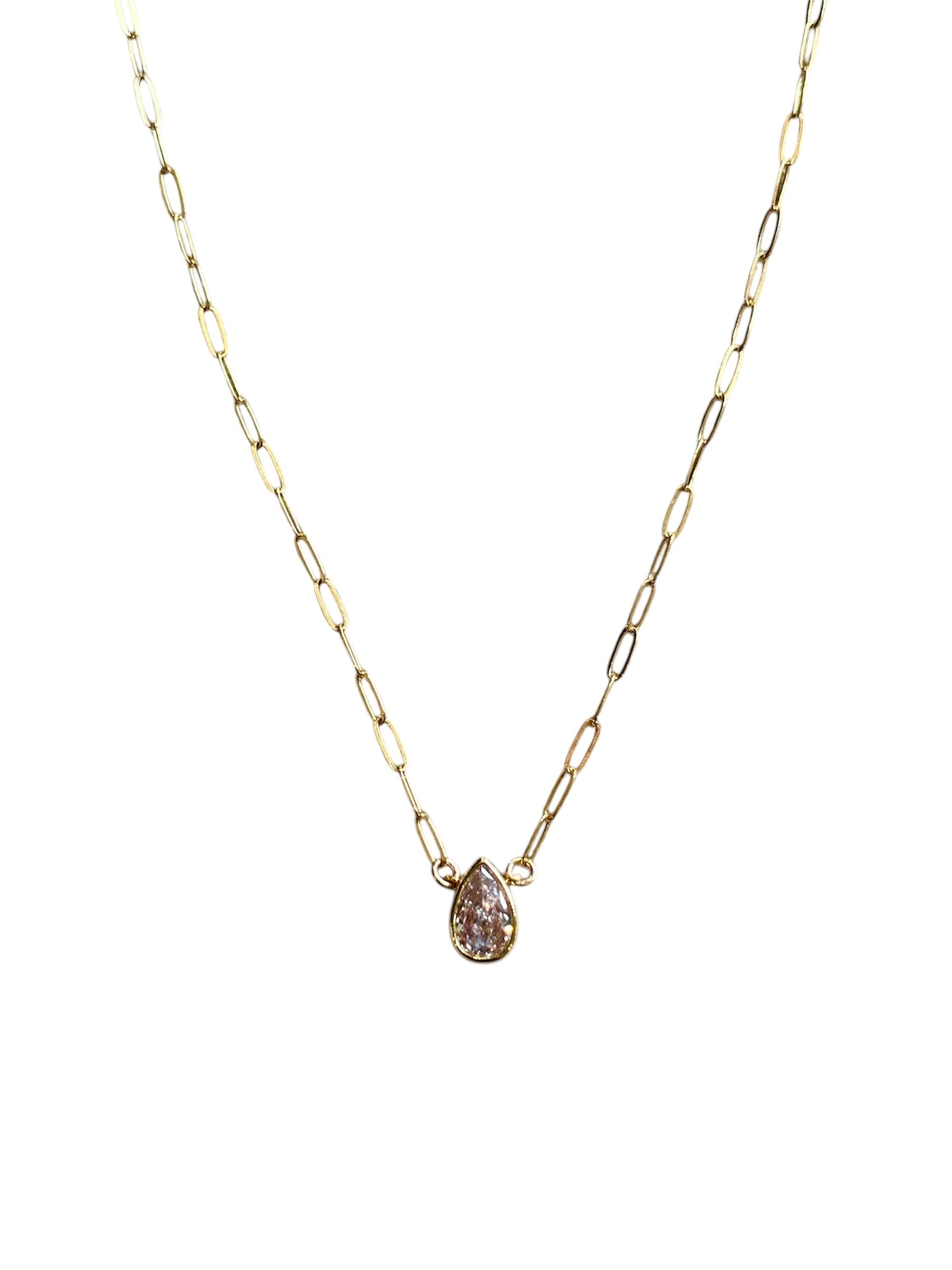 Ainsley CZ pear shaped diamond stud necklace with mini paperclip chain