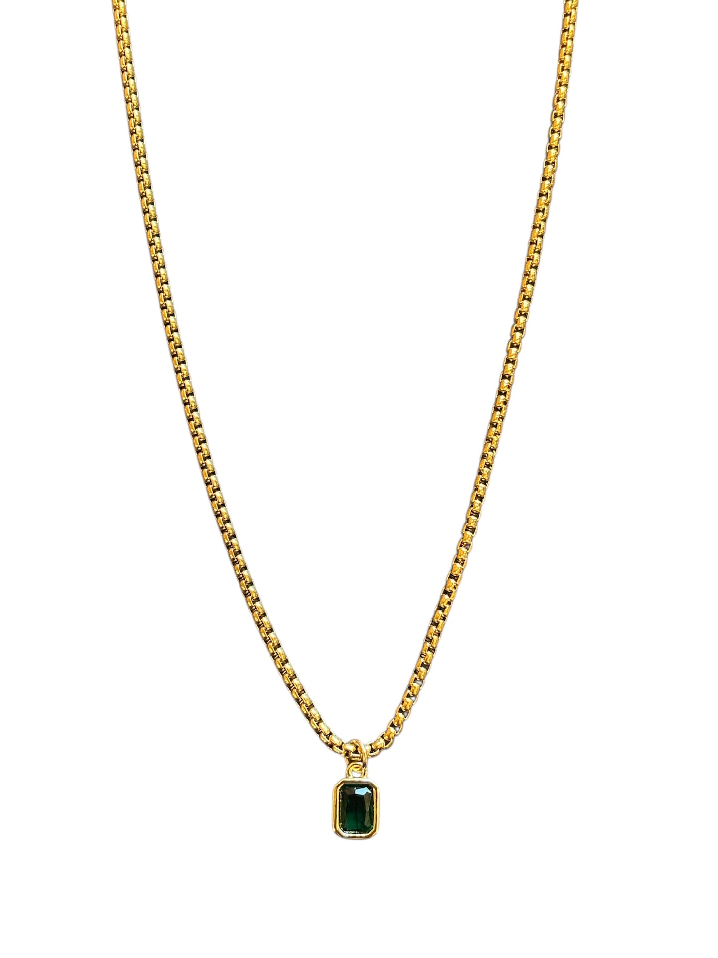 Gold vermeil necklace with a green gemstone pendant on a white background