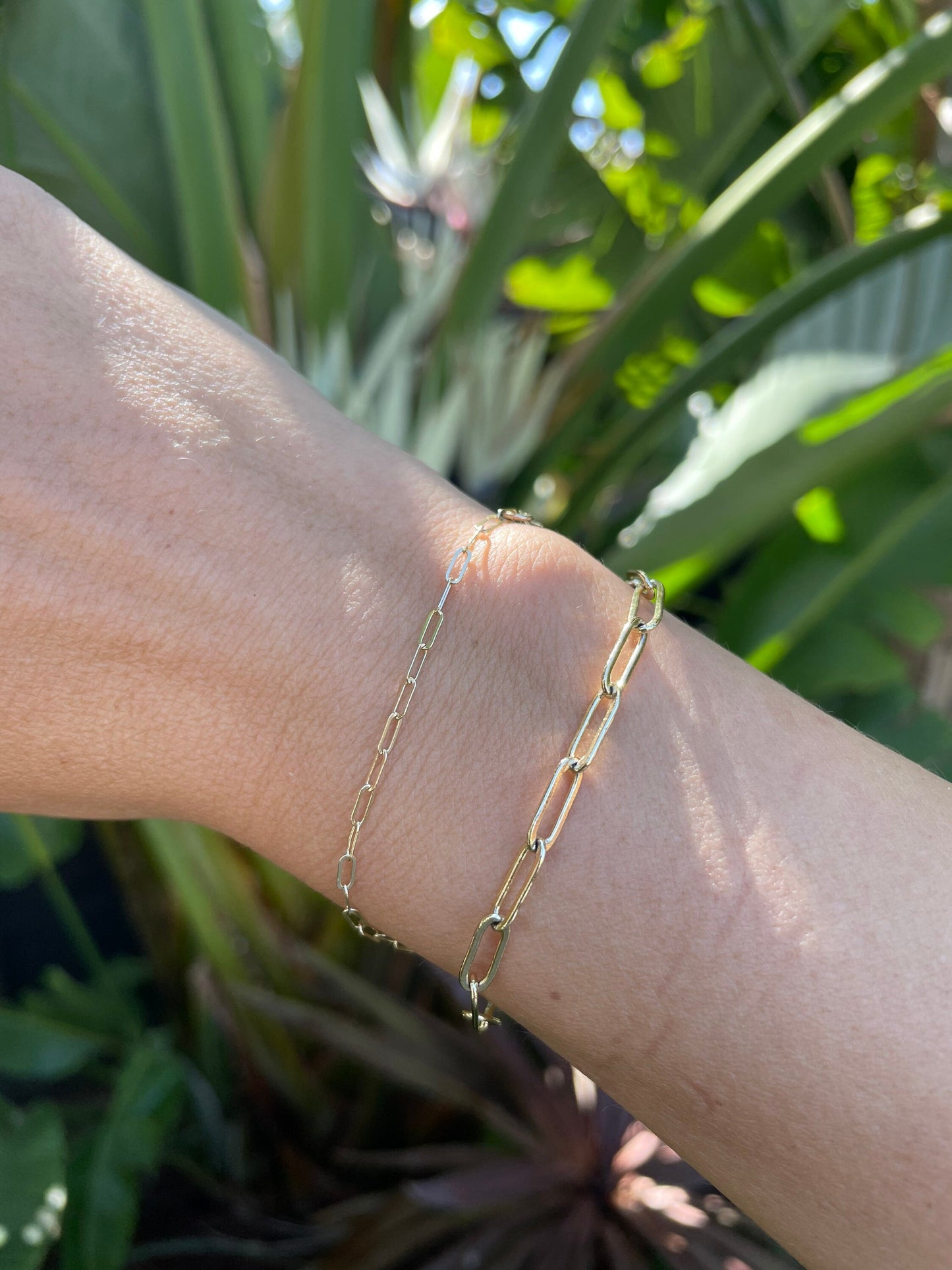 gold filled paperclip bracelet on hand