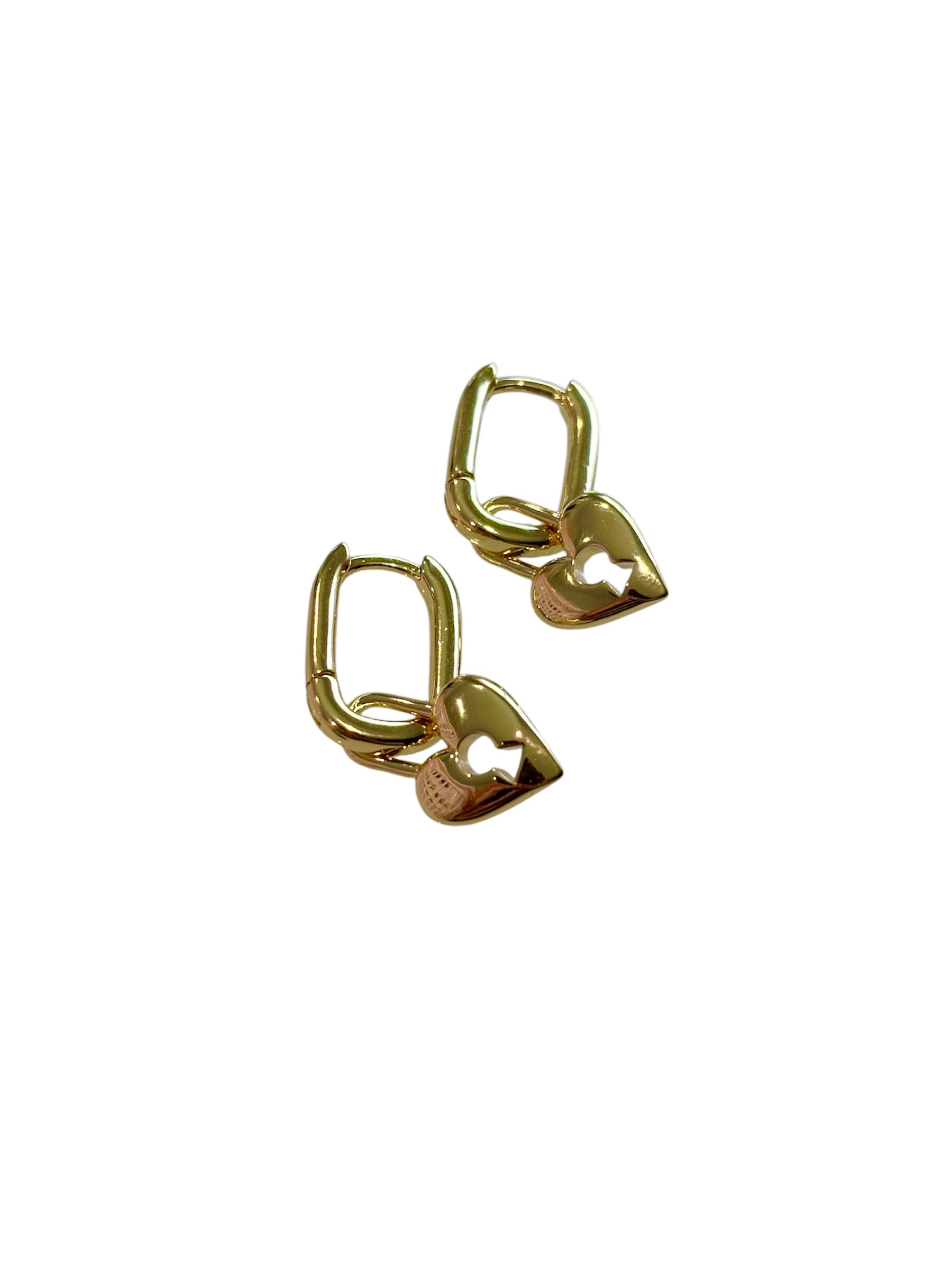Heart Locket Dangle Huggie Earrings in Gold on a white background 