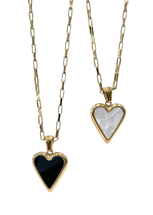 gold filled box chain with white and black heart