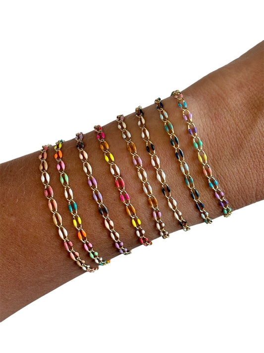 Multi Colored Enamel and Gold Overlay Chain Bracelets