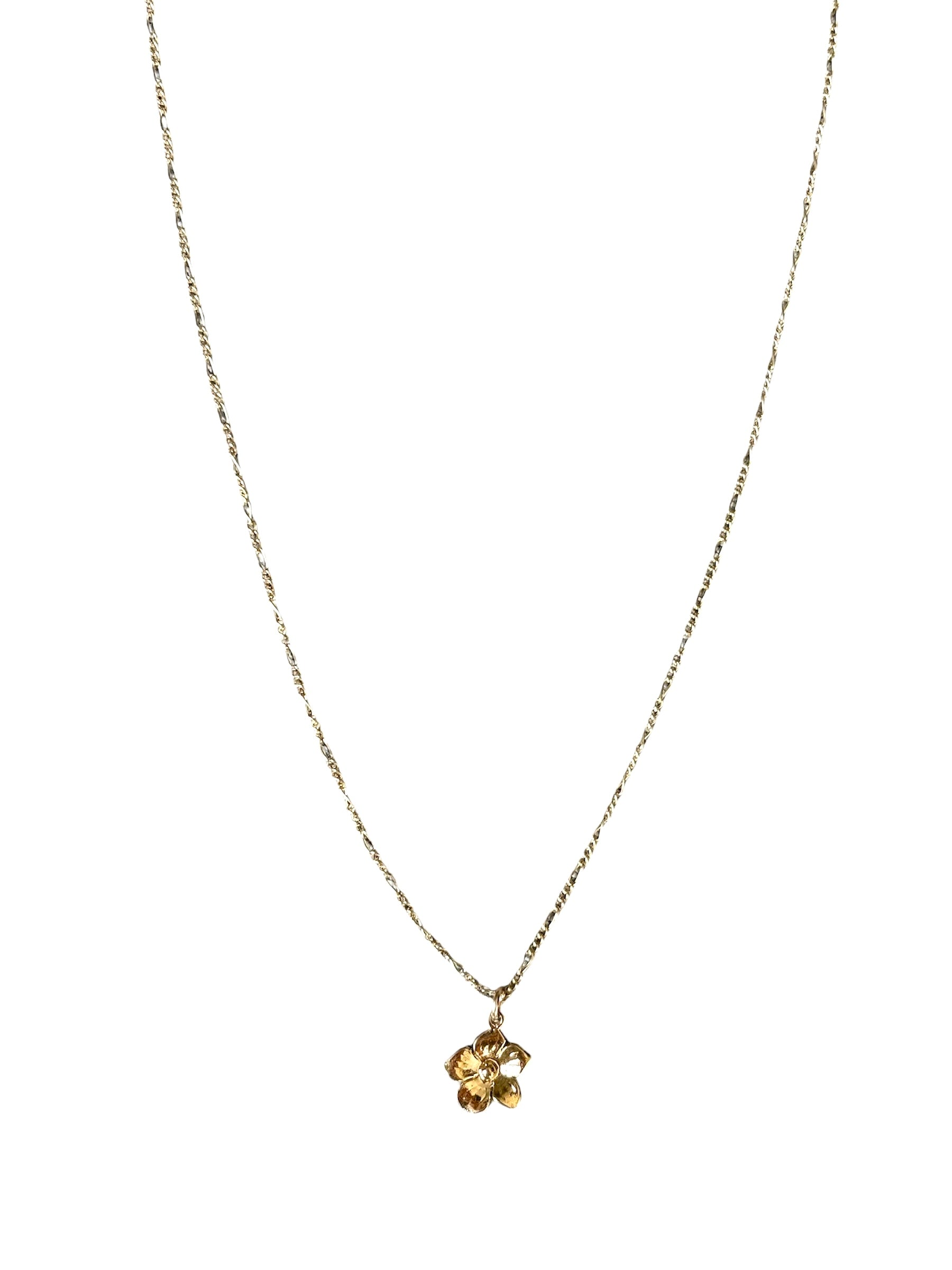 gold filled figaro chain wth 5 petal flower charm.