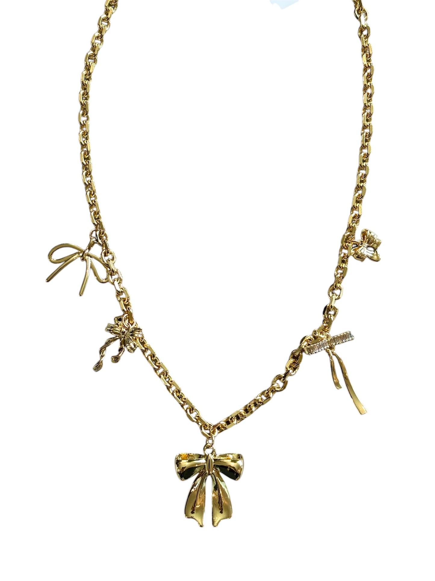 Gold Bow charm necklace with 5 different bow charms. 