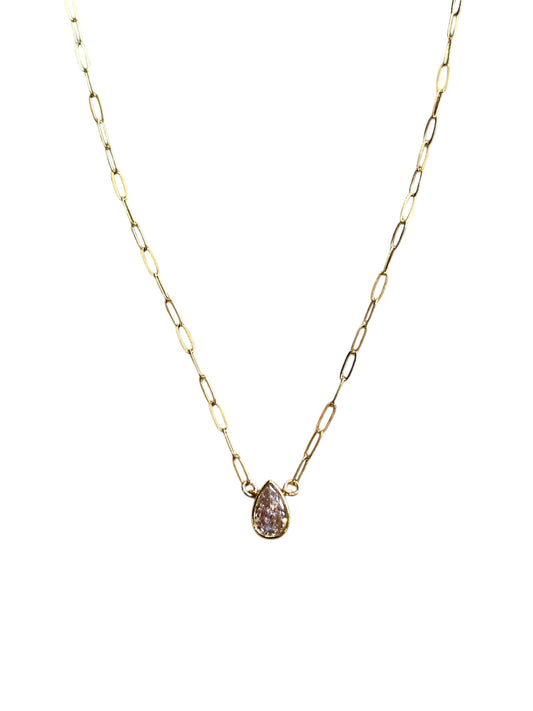 Ainsley CZ pear shaped diamond stud necklace with mini paperclip chain 