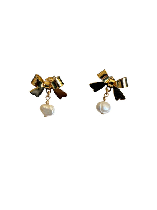 Gold bow earrings with a handwired drop pearl 