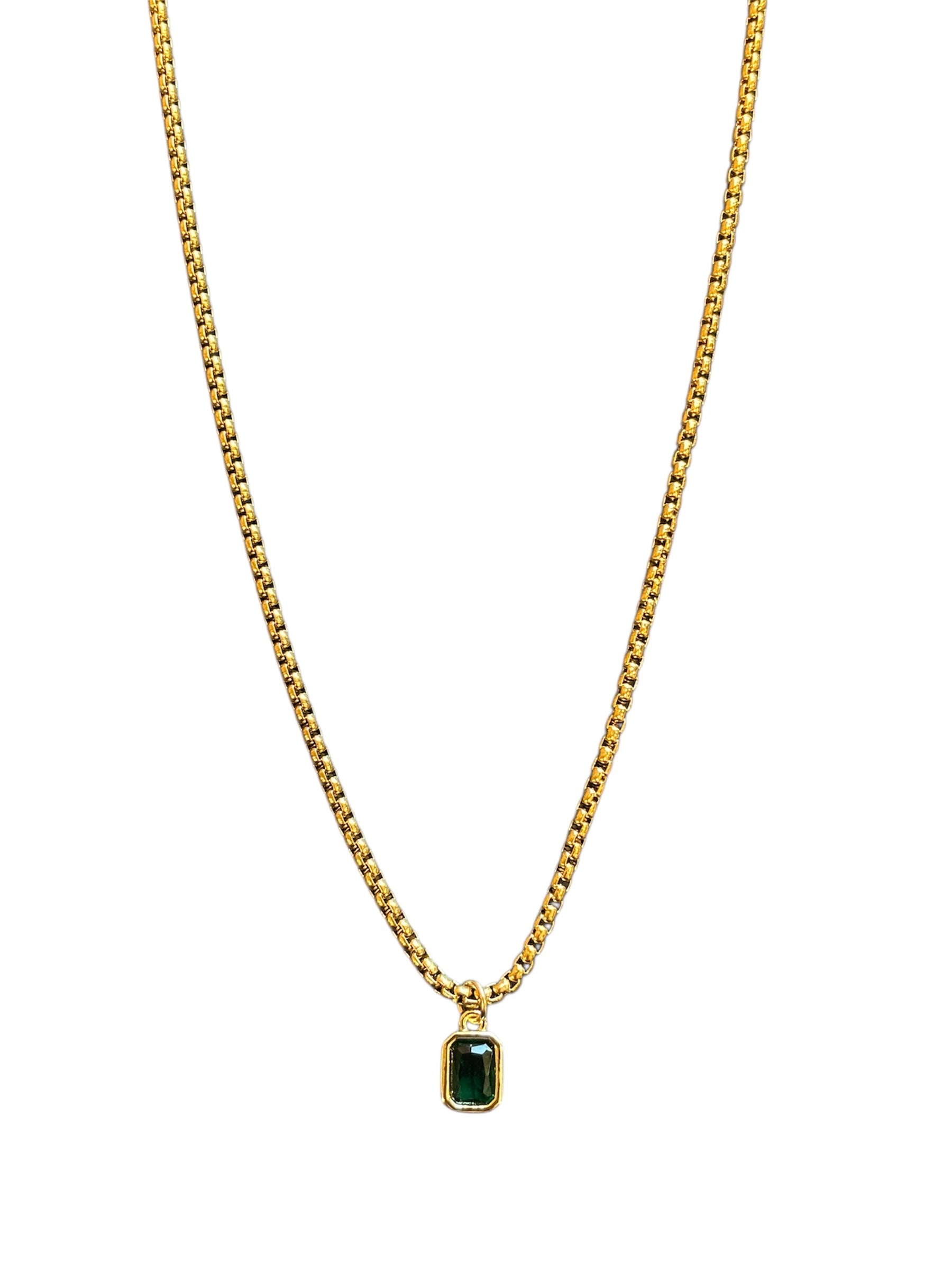 Gold vermeil necklace with a green gemstone pendant on a white background