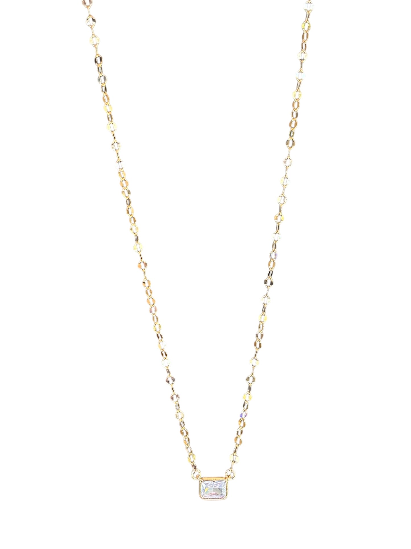 Gold filled necklace with a small cz diamond pendant on a white background