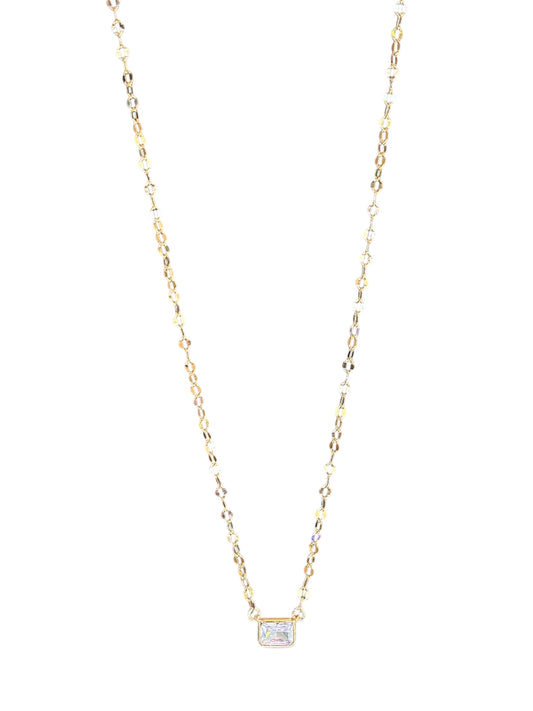 Gold filled necklace with a small cz diamond pendant on a white background